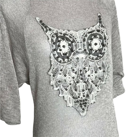 SJS Owl Print Embroidered Sweater 3/4 Wide Sleeves Size Medium Tan - Picture 2 of 9